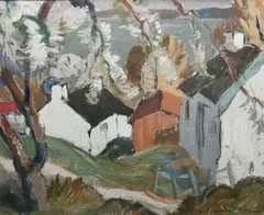 Blossom over Cottages by John Maclauchlan Milne, Oil on canvas, sold Dec 2023