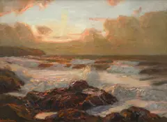Waves against the rocks at sunset Signed Julius Olsson by Julius Olsson, Oil on canvas, offered Dec 2023