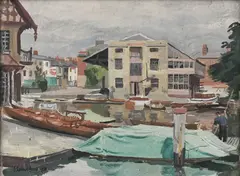 Boats at Folly Bridge by Stephen Bone, Oil on board, sold Dec 2023