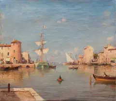 French quayside Signed V by Vincent Manago, Oil on canvas, sold Dec 2023