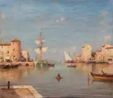 French quayside Signed V by Vincent Manago, Oil on canvas, sold Dec 2023