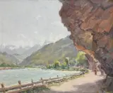 Figures walking along the shore at Bogen Signed by Arthur Nielsen, Oil on canvas, sold Dec 2023
