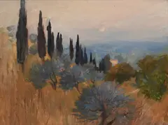 Extensive Italian landscape with poplars With studio stamp by David Hutter, Oil on canvas, sold Dec 2023