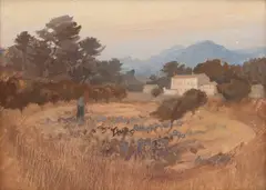 Italian landscape with a villa at dusk Signed David Hutter by David Hutter, Oil on board, sold Dec 2023
