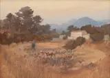 Italian landscape with a villa at dusk Signed David Hutter by David Hutter, Oil on board, sold Dec 2023