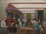 The Corner House Oil by Lionel Bulmer, Oil on canvas, with a study of bathers in a landscape to the reverse, sold Dec 2023