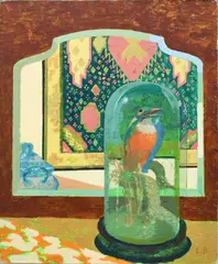 Still life with a kingfisher in a glass dome and a hanging carpet beyond by Lionel Bulmer, Oil on board, sold Dec 2023