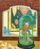 Still life with a kingfisher in a glass dome and a hanging carpet beyond by Lionel Bulmer, Oil on board, sold Dec 2023