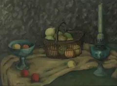 Still life with fruit and an by David Edgar Strachan, Oil on canvas, sold Dec 2023