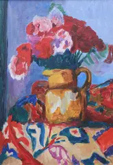 Still life with flowers in a jug Signed Knollys by Eardley Knollys, Oil on board, sold Dec 2023