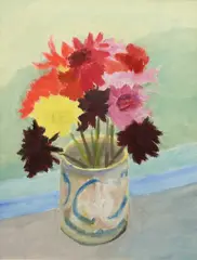 Still life with chrysanthemums in a vase Signed Knollys by Eardley Knollys, Oil and gouache on paper, sold Dec 2023
