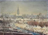 Salisbury Cathedral in the snow Signed and dated ESTMIN SMITH 1947 by Estmin Smith, Oil on canvas, sold Dec 2023