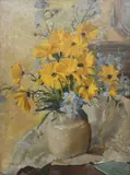 Still life with a vase of flowers on a tabletop Signed MARY by Mary Remington, Oil on canvas, sold Dec 2023