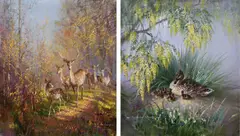 Deer in a woodland by Vernon Ward, oil on board, sold Dec 2023