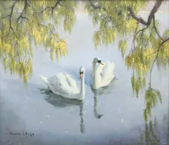 Swans under a willow tree Signed Vernon Ward by Vernon Ward, Oil on canvas, sold Dec 2023