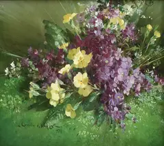 Still life with primroses and violets Signed and dated Vernon Ward/ by Vernon Ward, Oil on board, sold Dec 2023