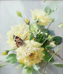 A butterfly and roses Signed -Vernon Ward by Vernon Ward, Oil on board, sold Dec 2023