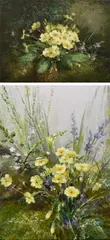 Still life with primroses by Vernon Ward, oil on board, sold Dec 2023