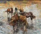 Horses watering Signed Rosemary Sarah Welch by Rosemary Sarah Welch, Oil on canvas, sold Dec 2023