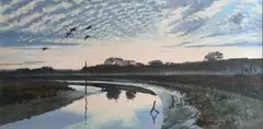 Ducks flying in over a creek at Chichester Harbour Signed and dated by Keith Shackleton, Oil on board, sold Dec 2023