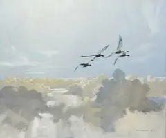 Geese in flight Signed and dated Keith Shackleton 48 by Keith Shackleton, Oil on canvas, sold Dec 2023