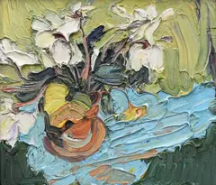 White Cyclamen against Green and Blue Signed by Edward Beale, Oil on panel, sold Dec 2023