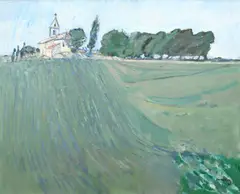 Landscape with a village church in the distance by David Donaldson, Oil on canvas, sold Dec 2023