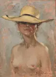 Female nude in a broad brimmed hat Signed Tom Quinn by Tom W. Quinn, Oil on board, sold Dec 2023