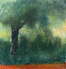 Voulas Tomato Patch Under The Olives Signed and dated 8/05/KurtJ by Kurt Jackson, Acrylic on board, sold Dec 2023
