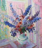 Still life with delphiniums in a vase by a window Signed by Orlando Greenwood, Oil on canvas, sold Dec 2023