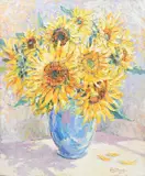 Still life with sunflowers in a vase Signed Janet Davies by Janet Davies, Oil on board, sold Dec 2023
