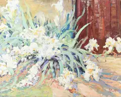 Still life with lilies Signed JPratt by Jeffrey Pratt, Oil on board, sold Dec 2023
