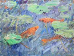 Goldfish and lily pads Signed JPratt by Jeffrey Pratt, Oil on canvas, sold Dec 2023