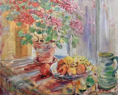 Still life with fruit by Jeffrey Pratt, Oil on canvas, sold Dec 2023