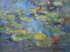 A pond with water lilies Signed and inscribed Commission/sketch for Dr by Jeffrey Pratt, Oil on board, sold Dec 2023