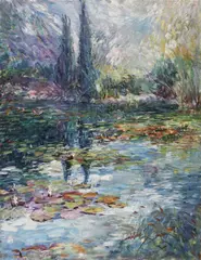 Landscape with water lilies on a pond Signed JPratt by Jeffrey Pratt, Oil on board, sold Dec 2023
