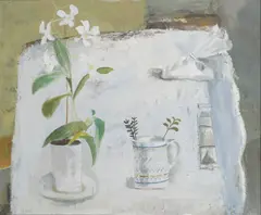 White Still Life with Orchid Signed S Quadrat by Simon Quadrat, Oil on canvas, sold Dec 2023