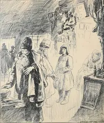 Study of the interior of a Russian shop Signed E by Eric Kennington, Pen and black ink within black framing lines, offered Dec 2023