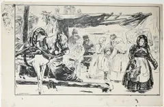 Study of a Russian market Signed E by Eric Kennington, Pen and black ink within black framing lines, sold Dec 2023