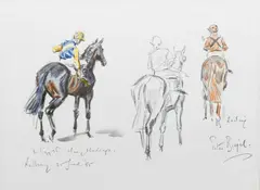 Lester Piggot on Merry Madcap and Sailing at Newbury Racecourse Signed by Peter Biegel, Pencil and watercolour, sold Dec 2023