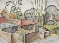 Village with pigsties Signed and dated SYLVIA BERGIN/APRIL by Sylvia Bergin Rowley, Pencil and watercolour, sold Dec 2023