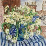 Tulips on Blue Stripe Signed with initials CA by Clare Arbuthnott, Oil on canvas, sold Oct 2023