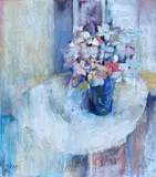 Flowers on a Table Signed with initials ECH by Emma Haggas, Oil on board, sold Oct 2023