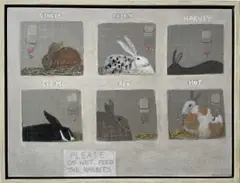 Rabbits boarding at Freightliners Farm Signed by Emma McClure, Oil on linen, sold Oct 2023