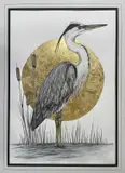 Heron in Reeds Signed by Dais Scott-Bennett, Watercolour, pen and ink, and, sold Oct 2023