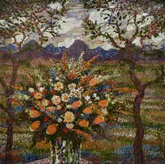 South African Vase of Flowers in a Landscape a massive tile by Esias Bosch, oil, sold Oct 2023