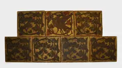 Snipe and Berried Foliage seven painted ceiling panels by Herbert Percy Horne, photograph, sold Oct 2023