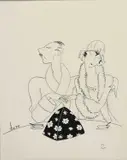 Taking Tea black ink on paper by Dorte Clara Dodo Burgner, ink on paper, sold Oct 2023