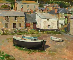 Boats on the shore by Arthur Hayward, Oil on canvasboard, sold Jun 2023