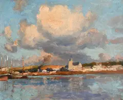 View of an estuary with a church in the distanceSigned J Noble by John Noble Barlow, Oil on canvas, sold Jun 2023